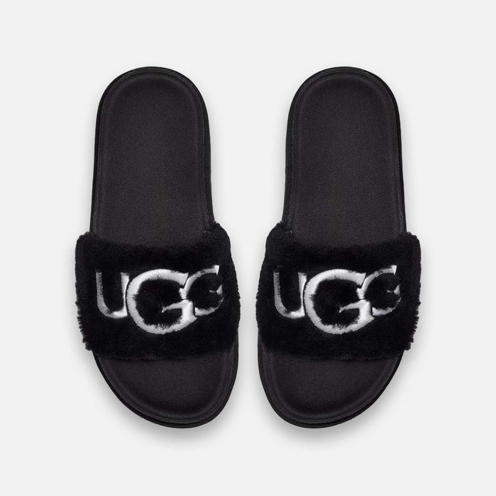 UGG Logo Black Laton Fur Slide